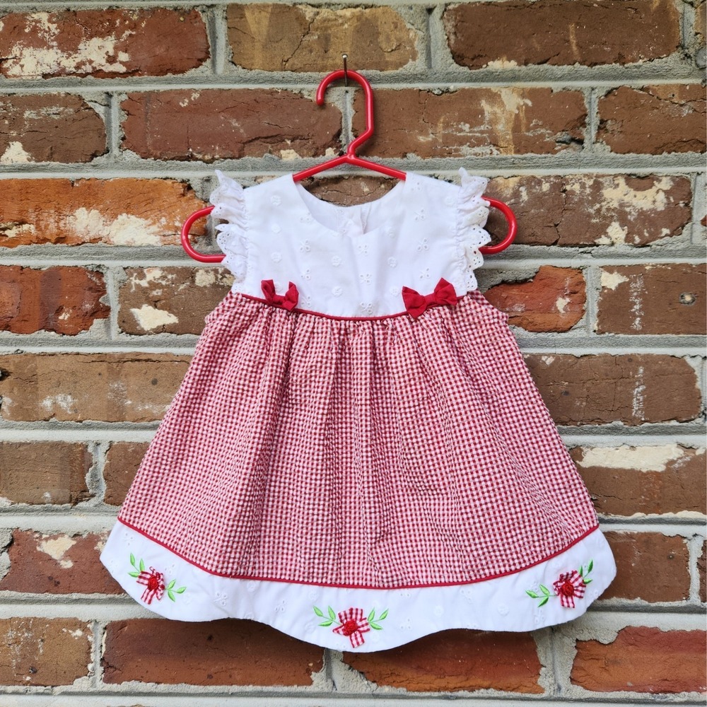 VTG Baby Girls Cottagecore Dress Size 24M Red Gingham Ruffle Flowers Bows Poplin